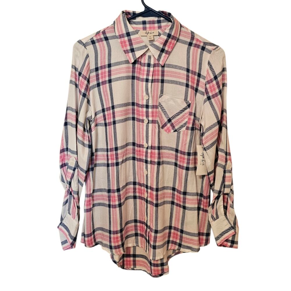 Style & Co Pink And Blue Button Up Collared Long Sleeve Shirt PS